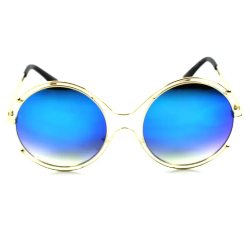 Upscale Gold Frame Blue Mirror Lens Womens Designer Oversized Round Sunglasses